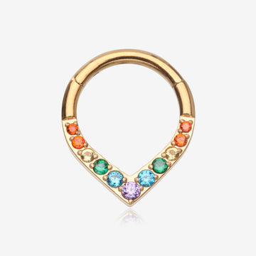 Pure24K Implant Grade Titanium Sparkle Chevron Teardrop Clicker Hoop Ring-Rainbow/Assorted Gem